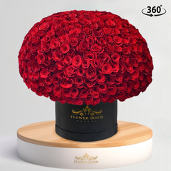 300 red roses in a black box front