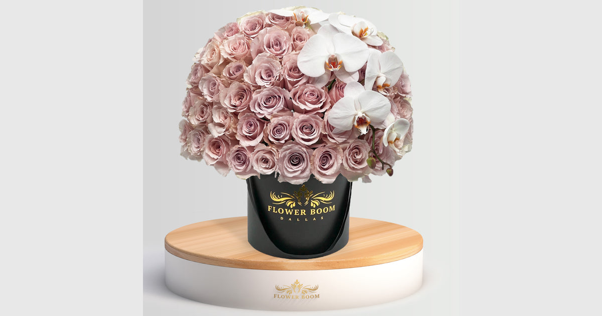 Eskimo Roses & White Orchids In A Box | Luxury Flowers In Dallas TX