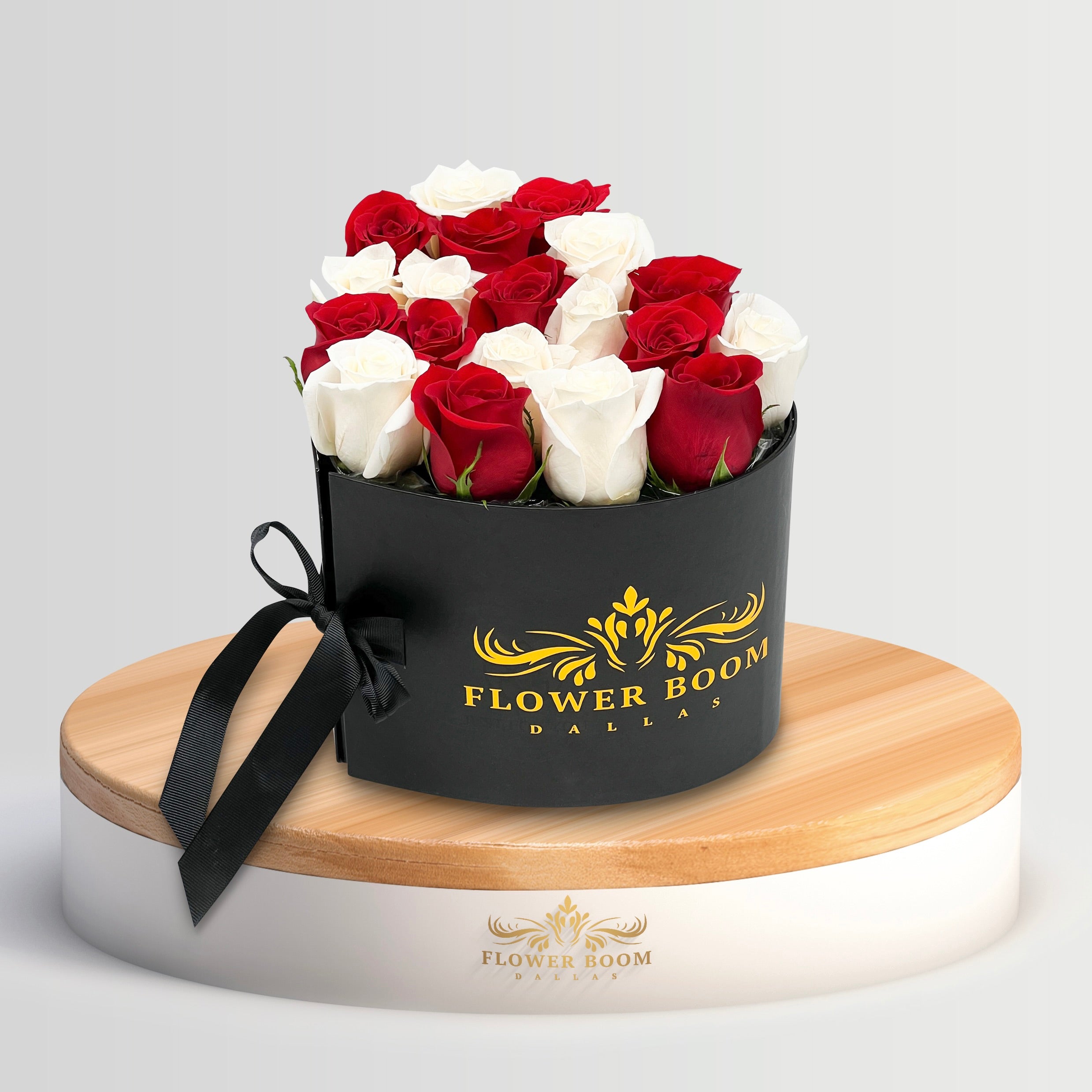 white and red roses in 2 level black box heart shaped