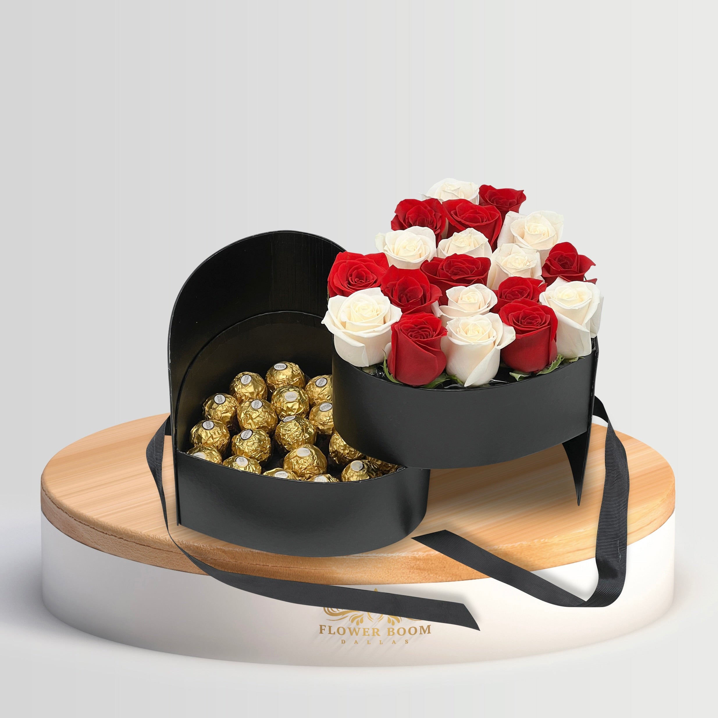 white and red roses in 2 level heart shaped black box